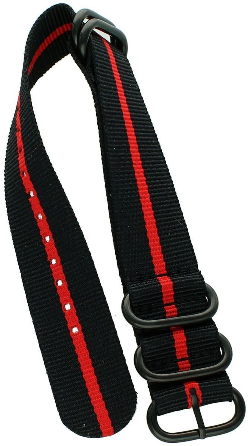 Stylowy pasek do zegarka NATO 041 w kolorach czarnym i czerwonym. Parciany materiał, długość 27 cm, szerokość 22 mm, stalowa sprzączka w czarnym kolorze. Idealny do codziennych 2.jpg